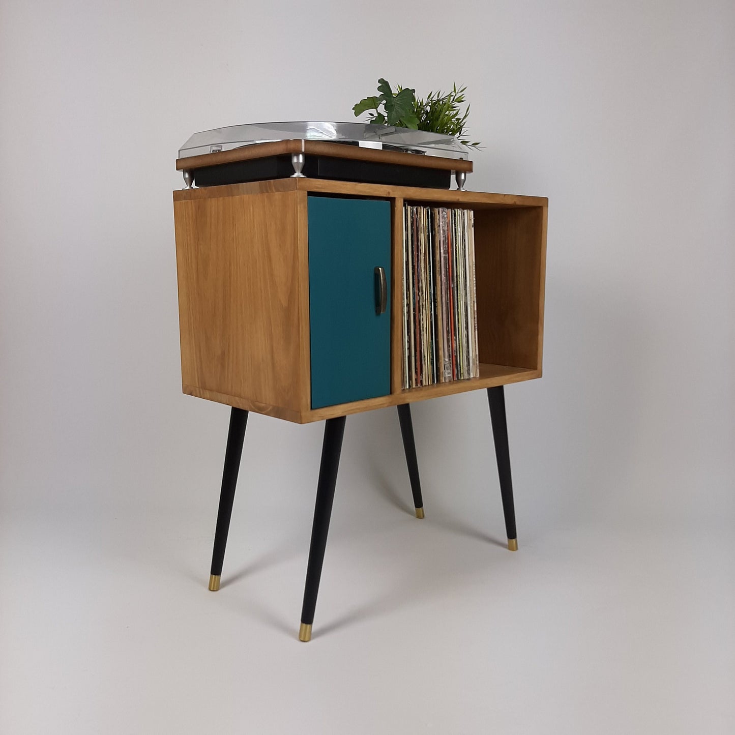 Oak Sideboard with Royal Blue Door | Vinyl Record Storage | Console Table | Record Cabinet | Mid Century Modern Legs | Dansette Record Table