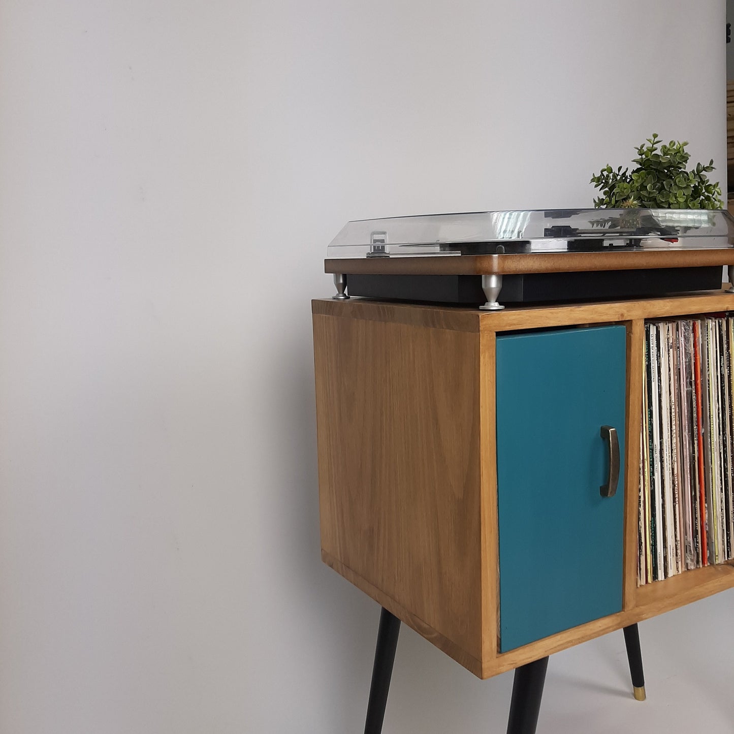 Oak Sideboard with Royal Blue Door | Vinyl Record Storage | Console Table | Record Cabinet | Mid Century Modern Legs | Dansette Record Table