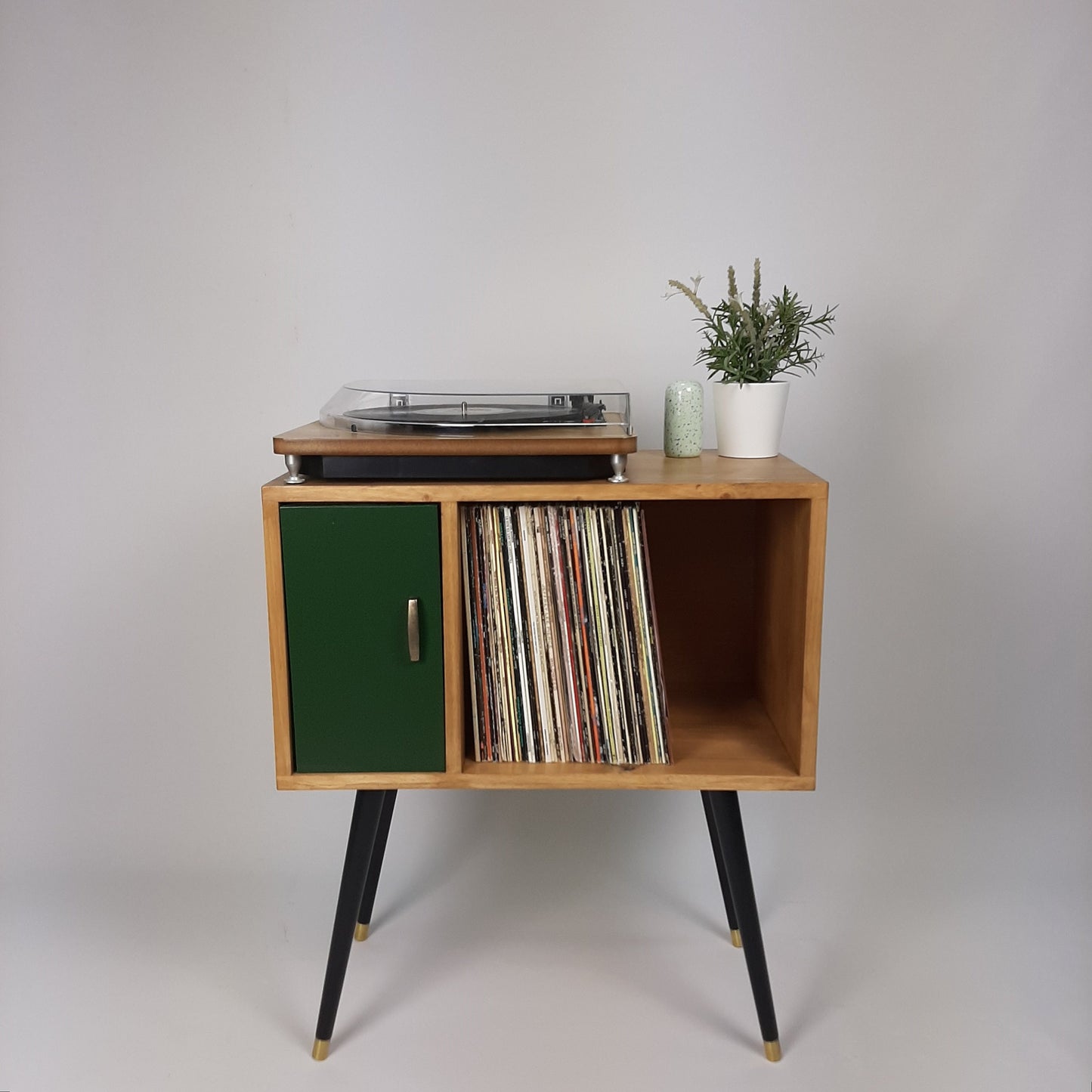 Oak Sideboard with Forest Green Door | Vinyl Record Storage | Console Table | Vinyl Cabinet | Mid Century Modern Legs | Dansette Record