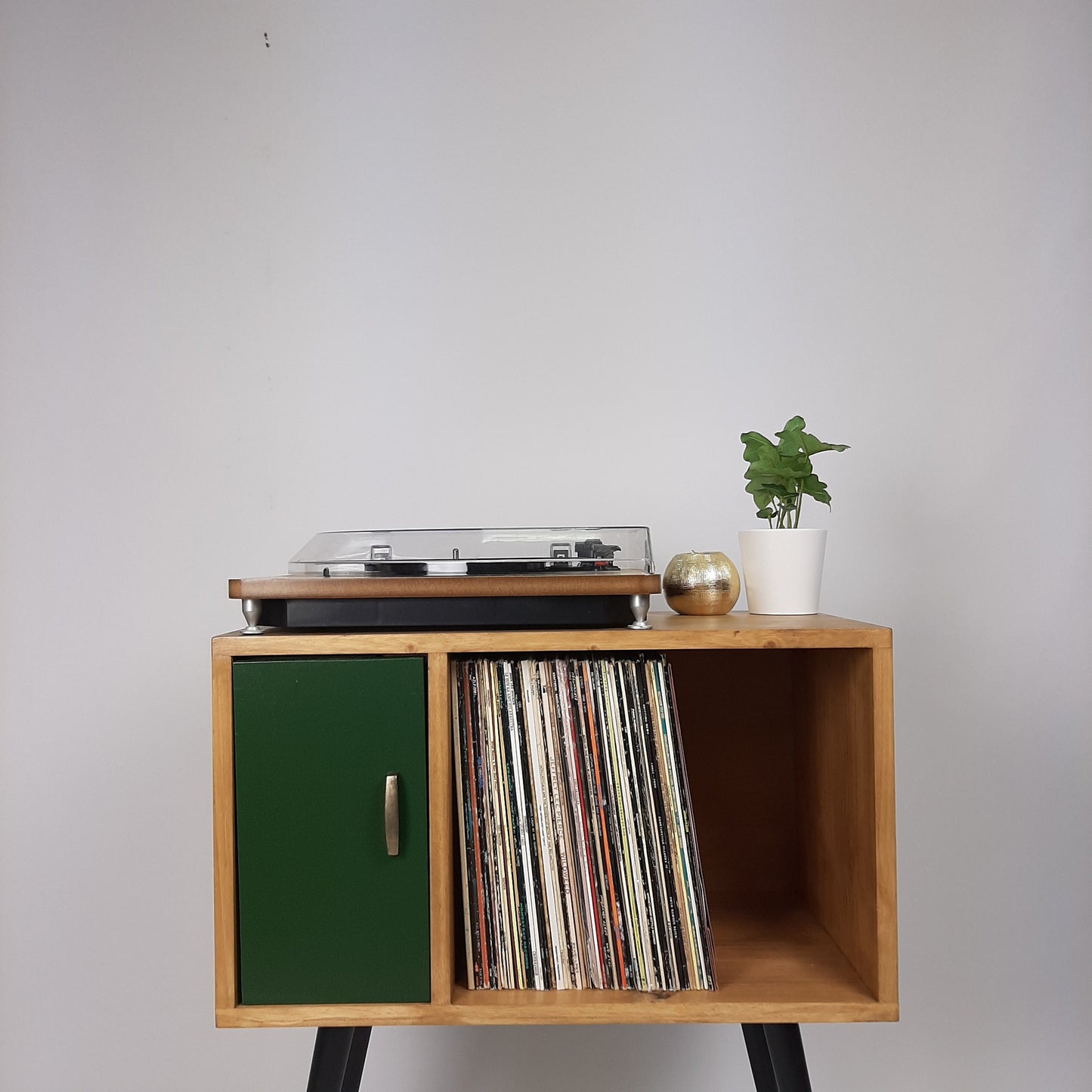 Oak Sideboard with Forest Green Door | Vinyl Record Storage | Console Table | Vinyl Cabinet | Mid Century Modern Legs | Dansette Record