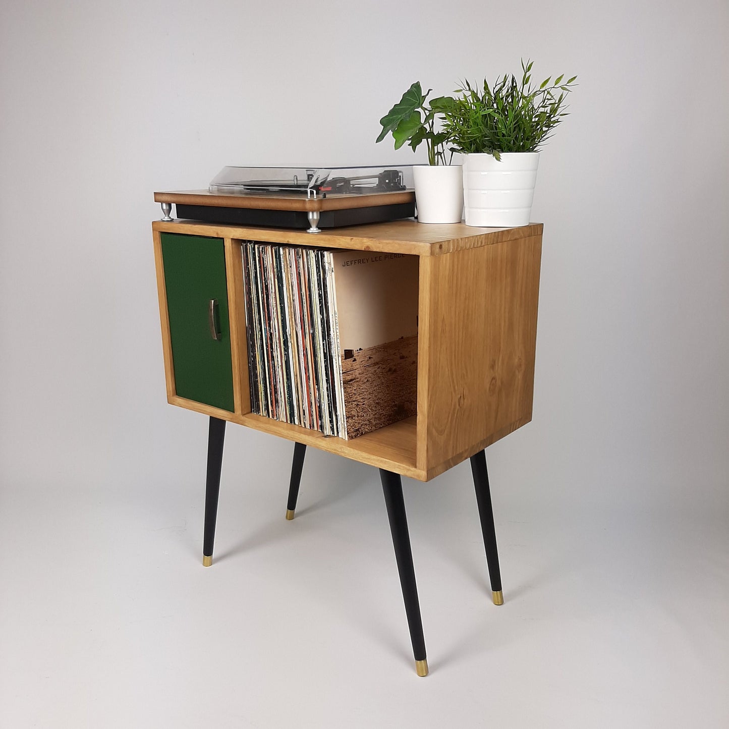 Oak Sideboard with Forest Green Door | Vinyl Record Storage | Console Table | Vinyl Cabinet | Mid Century Modern Legs | Dansette Record