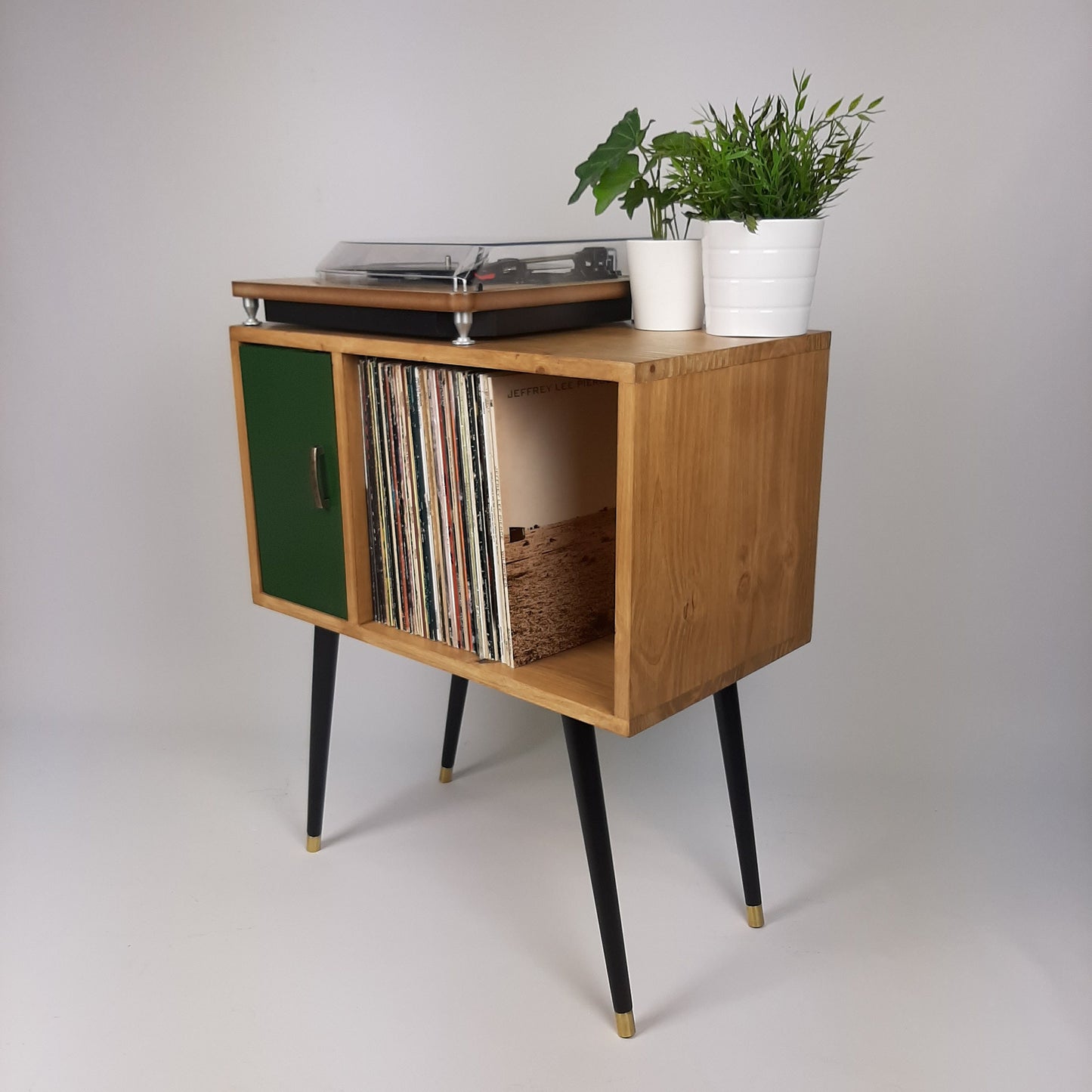 Oak Sideboard with Forest Green Door | Vinyl Record Storage | Console Table | Vinyl Cabinet | Mid Century Modern Legs | Dansette Record