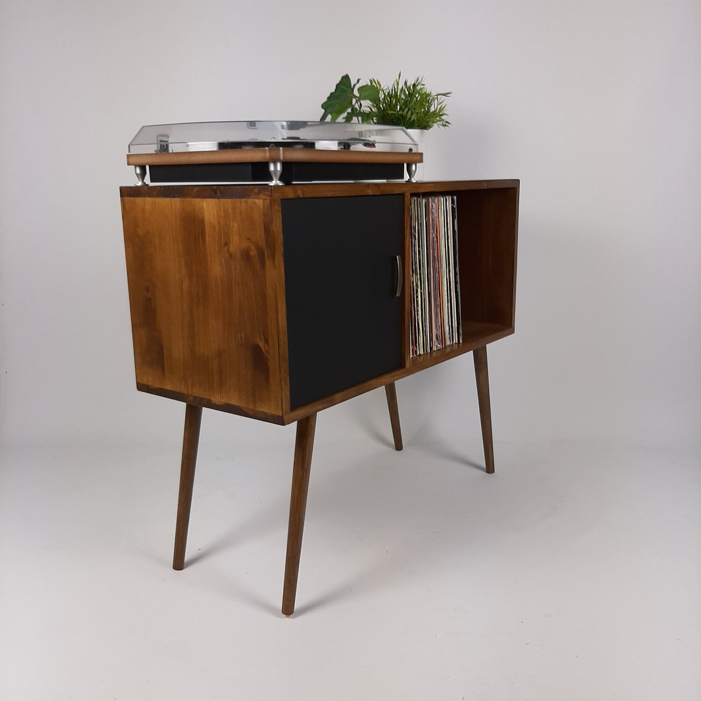 Record Table Walnut w/ Black Door and Wooden Legs | Medium Sideboard | Media Console | Vinyl Cabinet | Solid Wood Vinyl Record Table