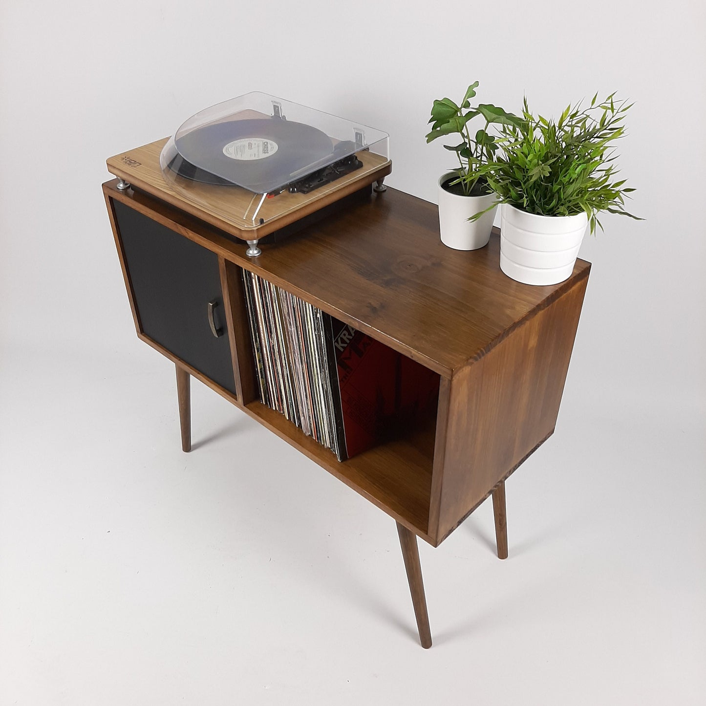 Record Table Walnut w/ Black Door and Wooden Legs | Medium Sideboard | Media Console | Vinyl Cabinet | Solid Wood Vinyl Record Table