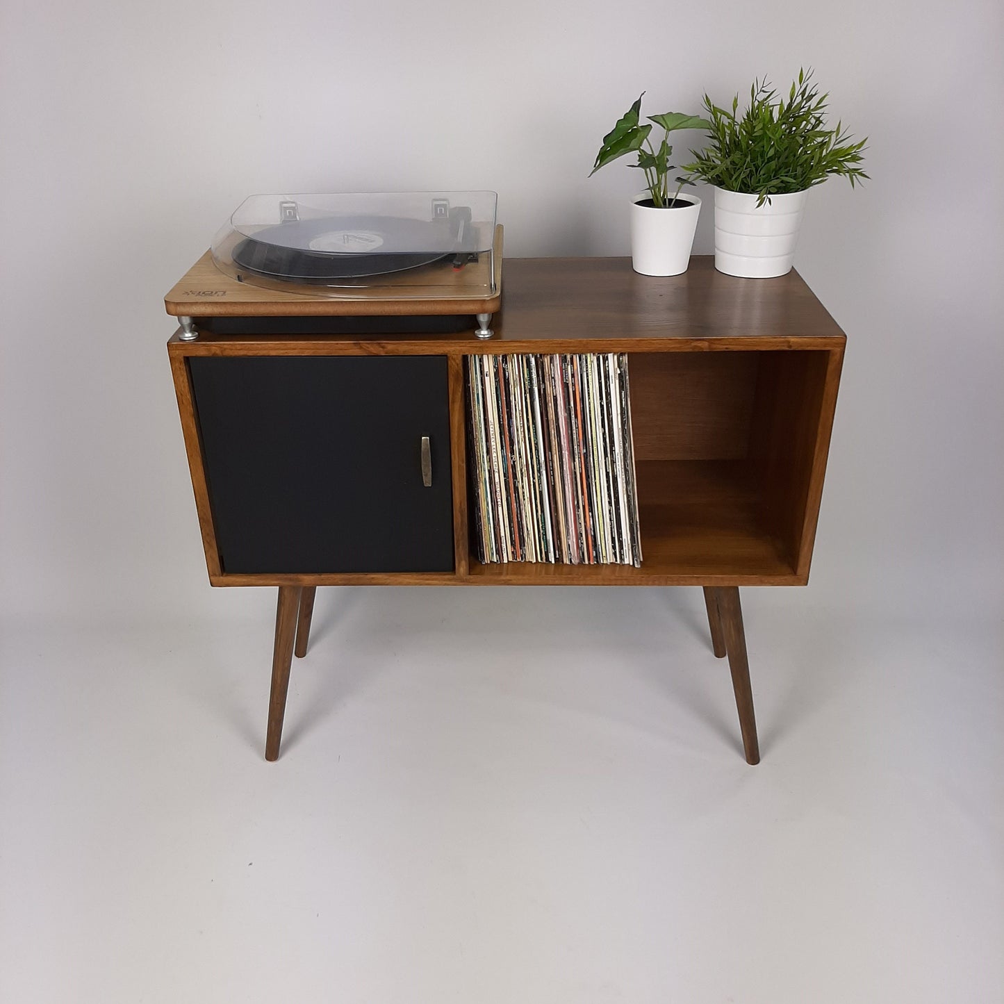 Record Table Walnut w/ Black Door and Wooden Legs | Medium Sideboard | Media Console | Vinyl Cabinet | Solid Wood Vinyl Record Table