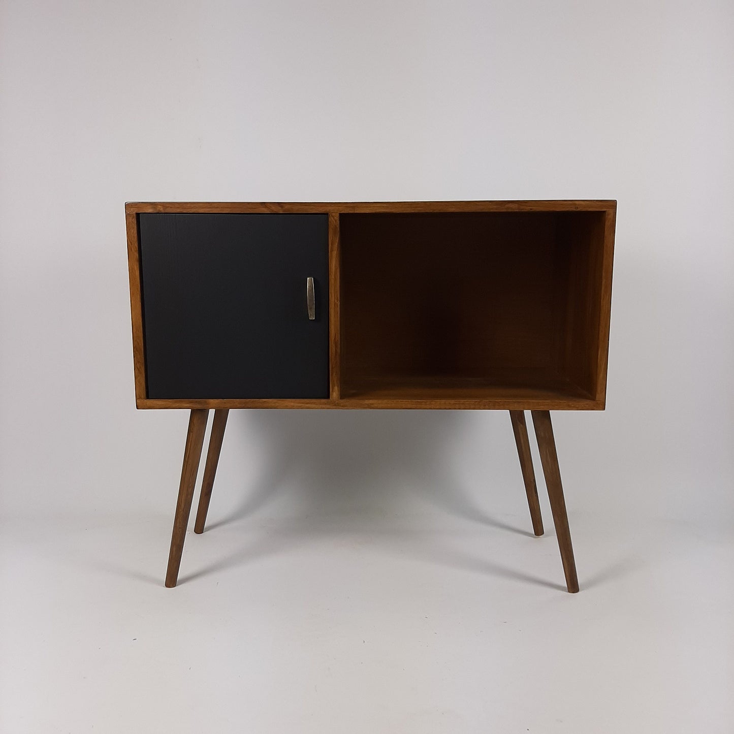 Record Table Walnut w/ Black Door and Wooden Legs | Medium Sideboard | Media Console | Vinyl Cabinet | Solid Wood Vinyl Record Table