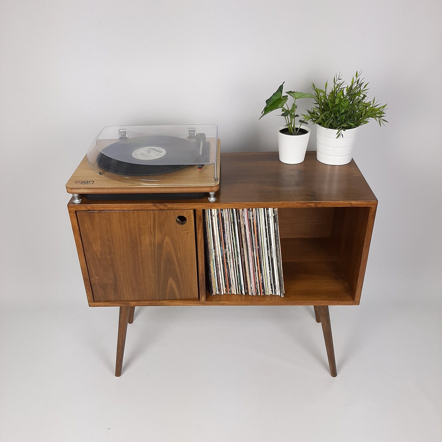 Record Table Walnut with Wooden Legs | Medium Sideboard | Media Console | Vinyl Cabinet | Solid Wood Vinyl Record Table