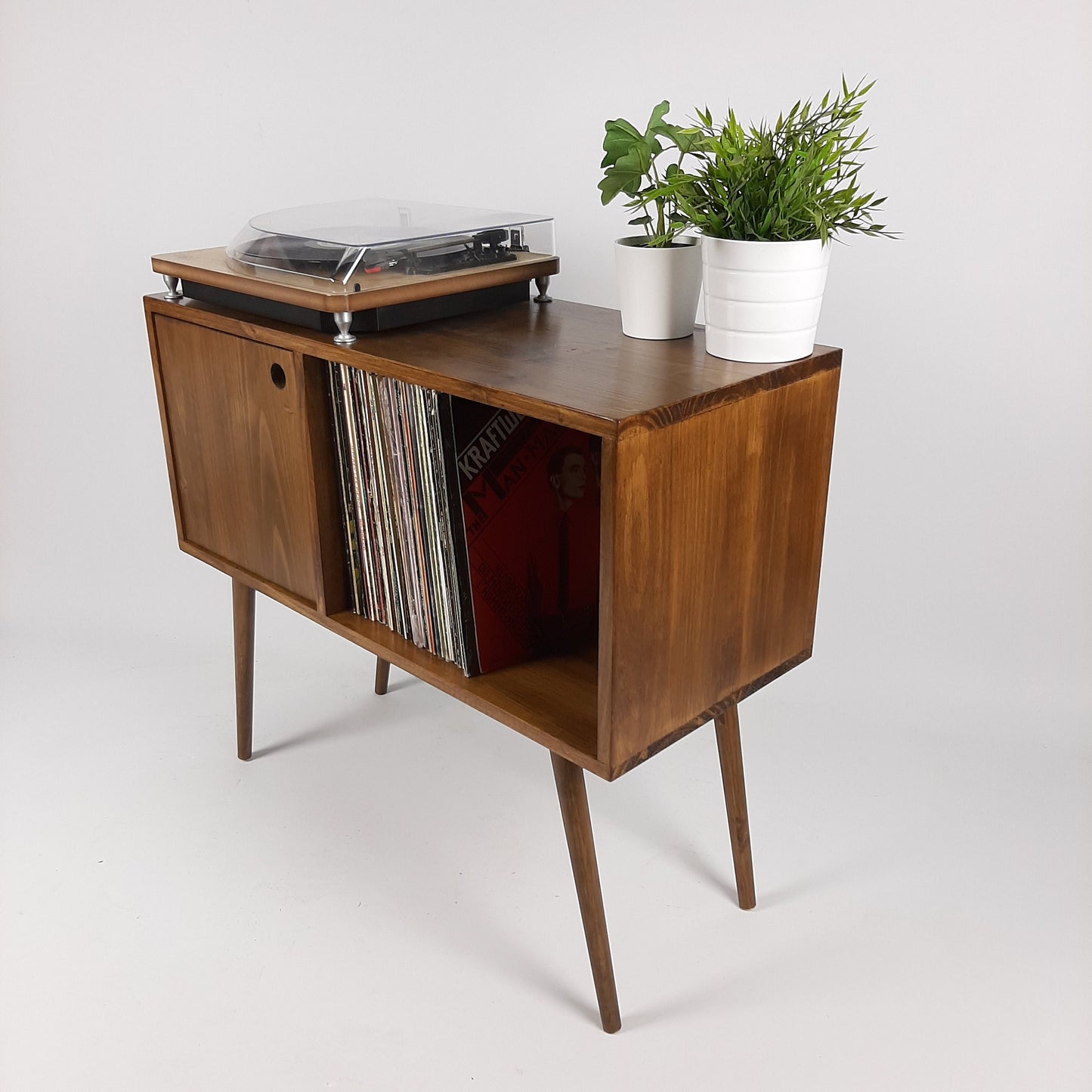 Record Table Walnut with Wooden Legs | Medium Sideboard | Media Console | Vinyl Cabinet | Solid Wood Vinyl Record Table