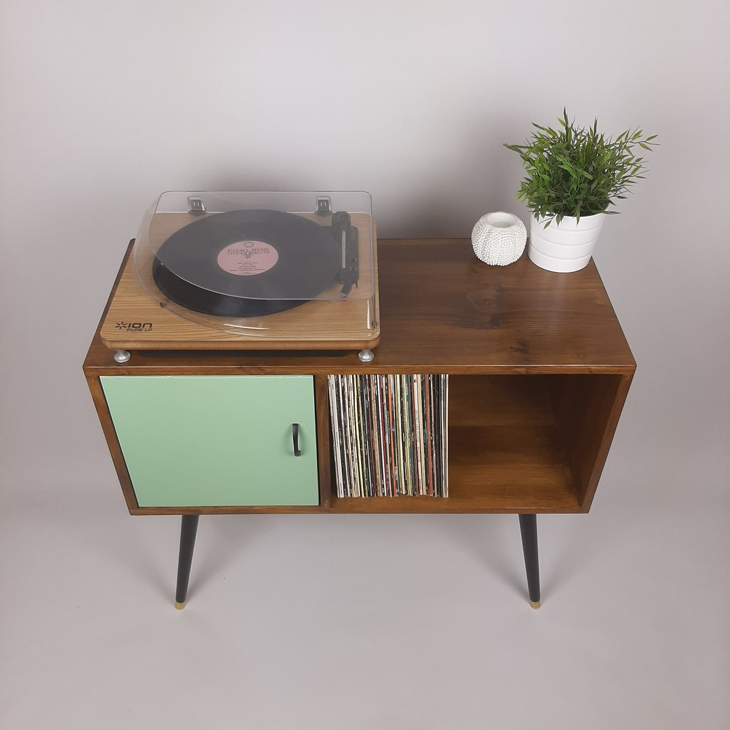 Walnut Sideboard | Pastel Green Door | Satin Black Handle and Dansette Legs | Record Table | TV Stand