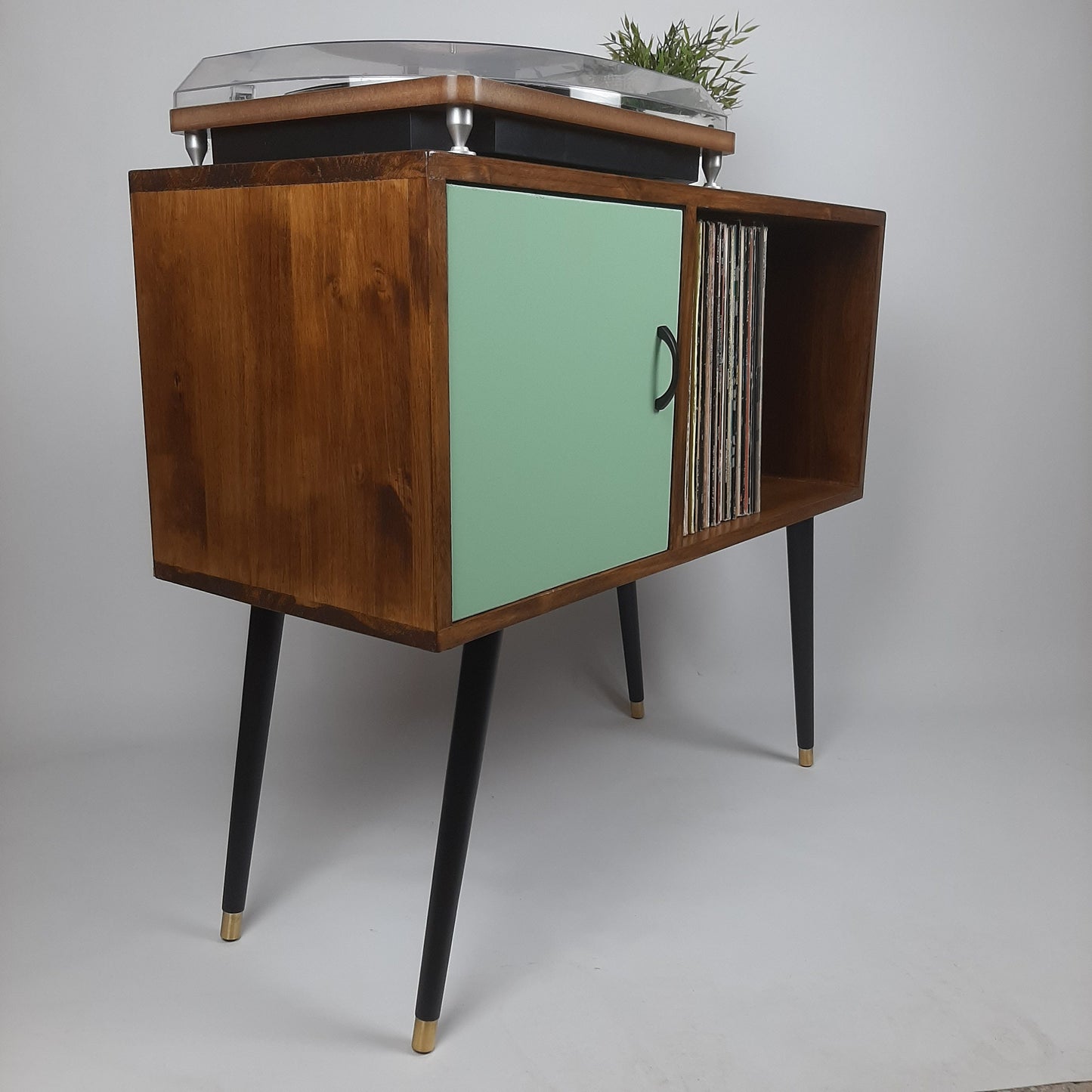 Walnut Sideboard | Pastel Green Door | Satin Black Handle and Dansette Legs | Record Table | TV Stand