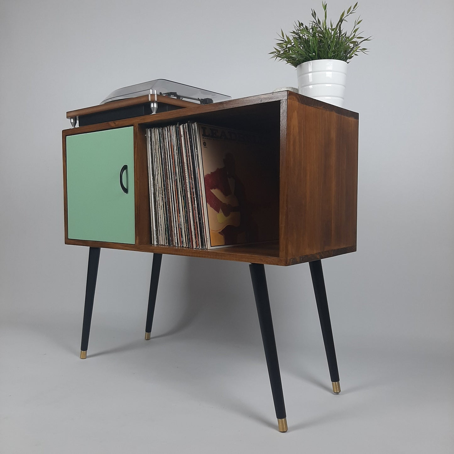Walnut Sideboard | Pastel Green Door | Satin Black Handle and Dansette Legs | Record Table | TV Stand