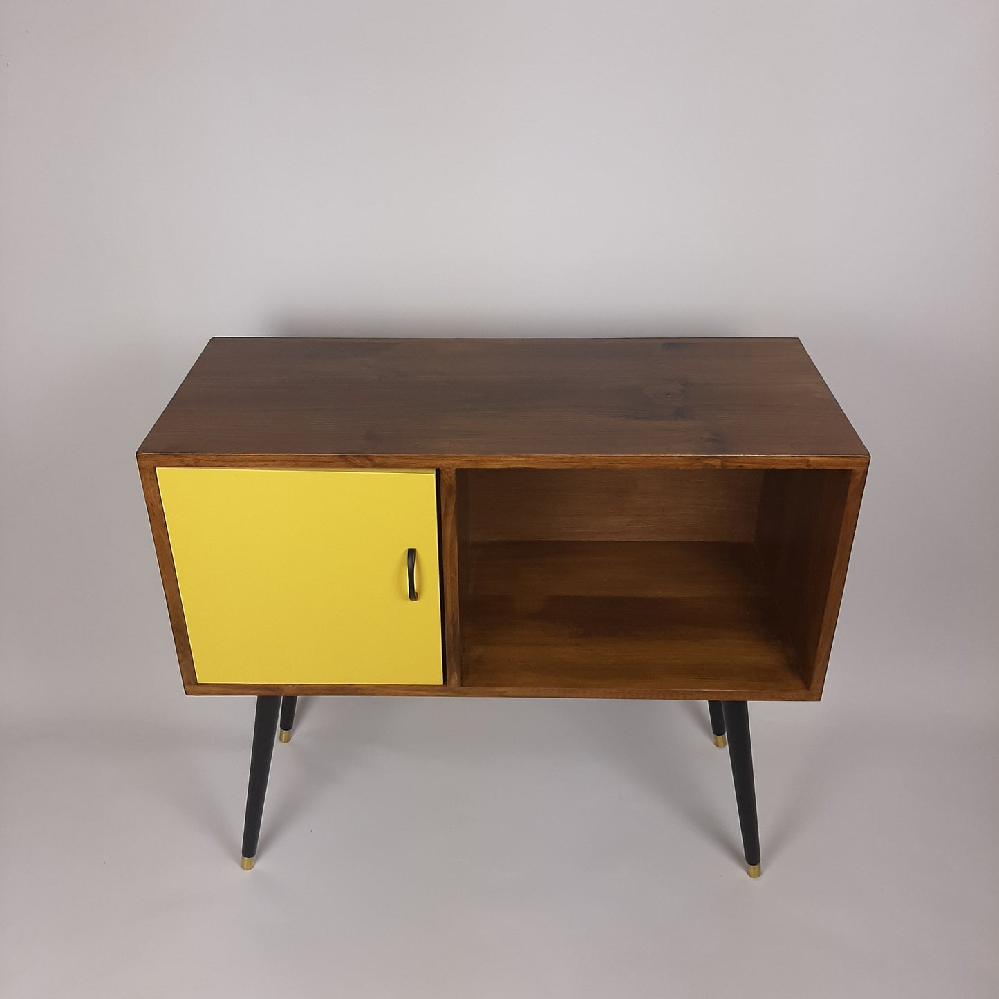 Walnut Sideboard | Mustard Yellow Door | Satin Black Handle and Dansette Legs | Record Table | TV Stand