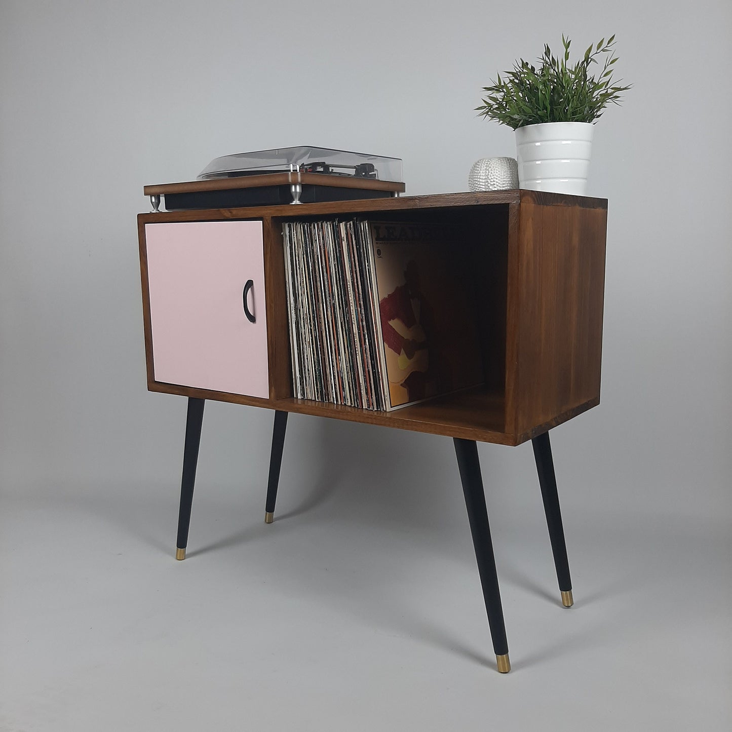 Walnut Sideboard | Pastel Pink Door | Satin Black Handle and Dansette Legs | Record Table | TV Stand