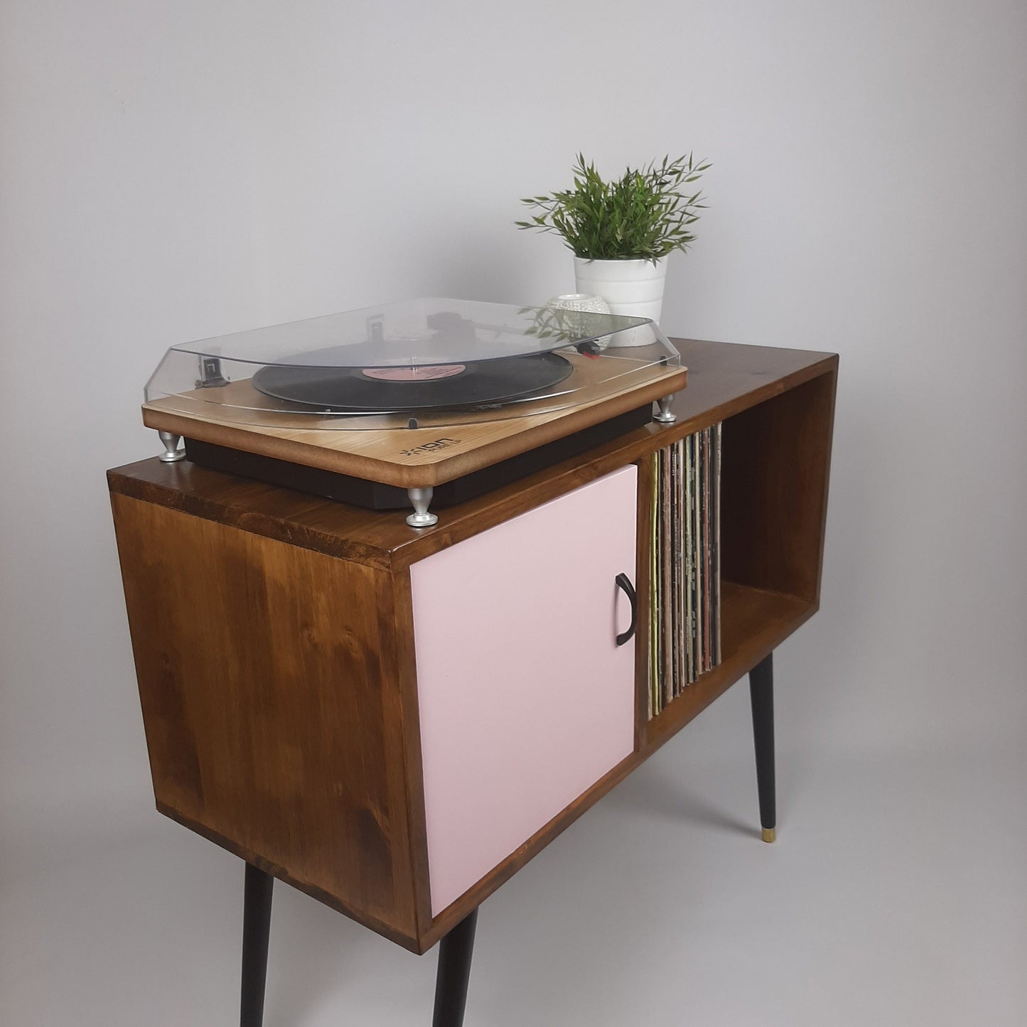 Walnut Sideboard | Pastel Pink Door | Satin Black Handle and Dansette Legs | Record Table | TV Stand