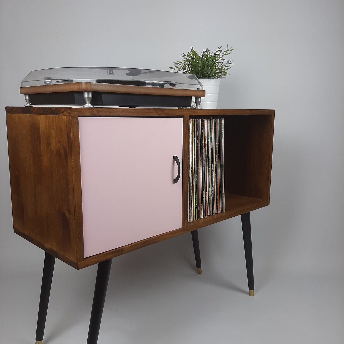 Walnut Sideboard | Pastel Pink Door | Satin Black Handle and Dansette Legs | Record Table | TV Stand