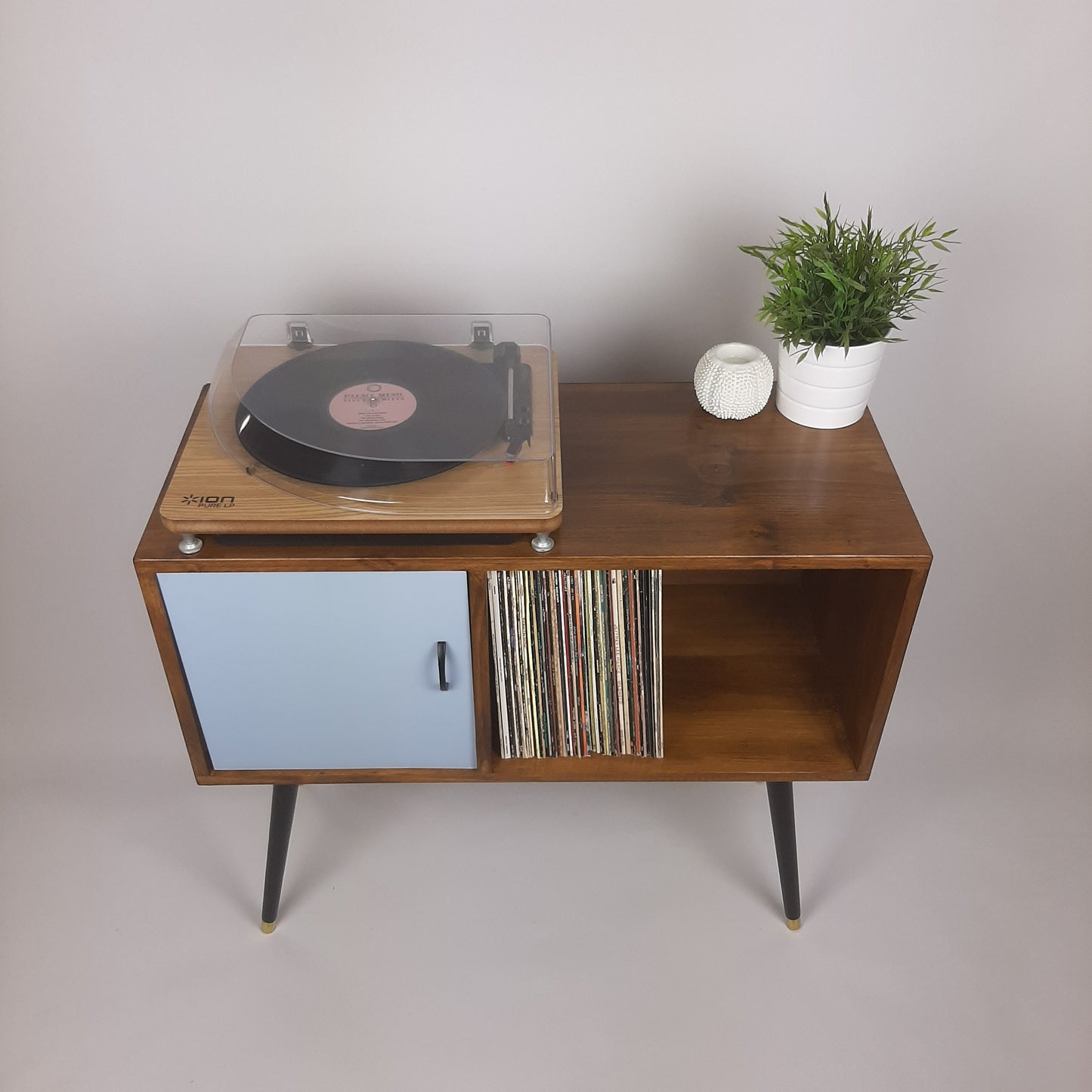 Walnut Sideboard | Pastel Marine Blue Door | Satin Black Handle and Dansette Legs | Record Table | TV Stand