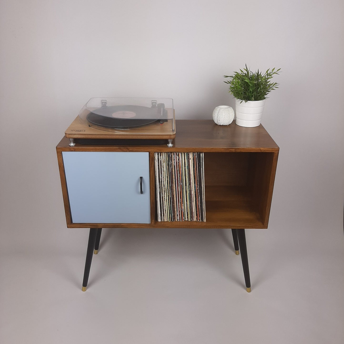 Walnut Sideboard | Pastel Marine Blue Door | Satin Black Handle and Dansette Legs | Record Table | TV Stand