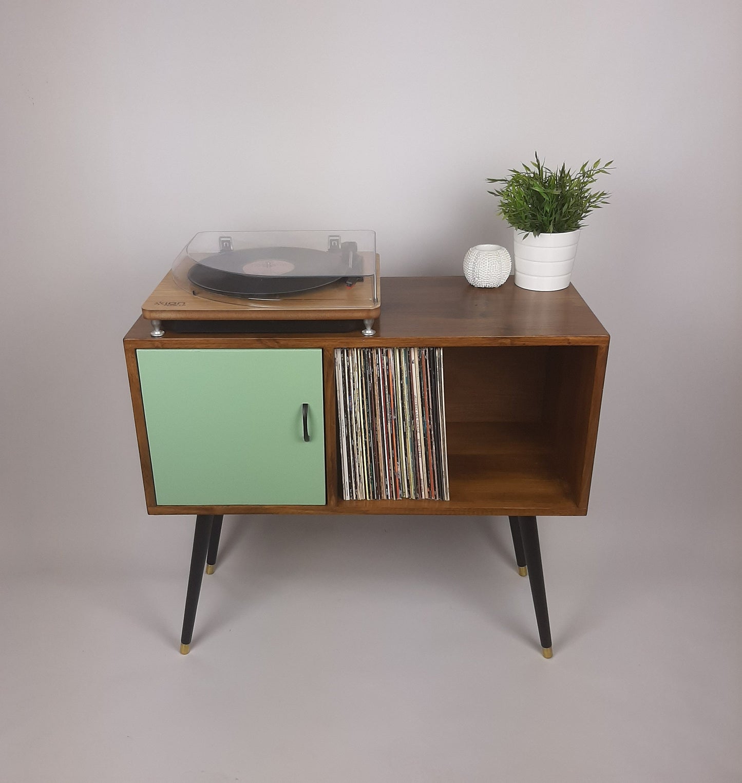 Walnut Sideboard | Pastel Green Door | Satin Black Handle and Dansette Legs | Record Table | TV Stand