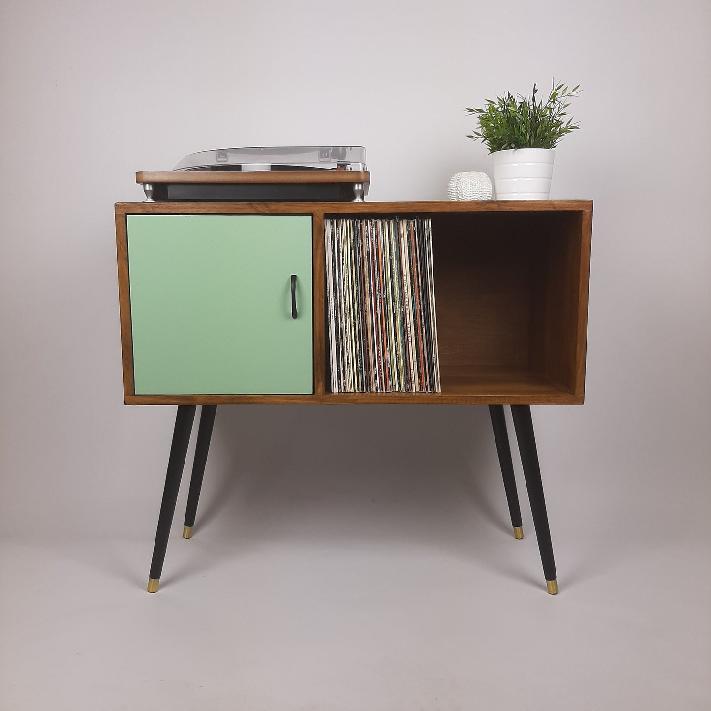 Walnut Sideboard | Pastel Green Door | Satin Black Handle and Dansette Legs | Record Table | TV Stand