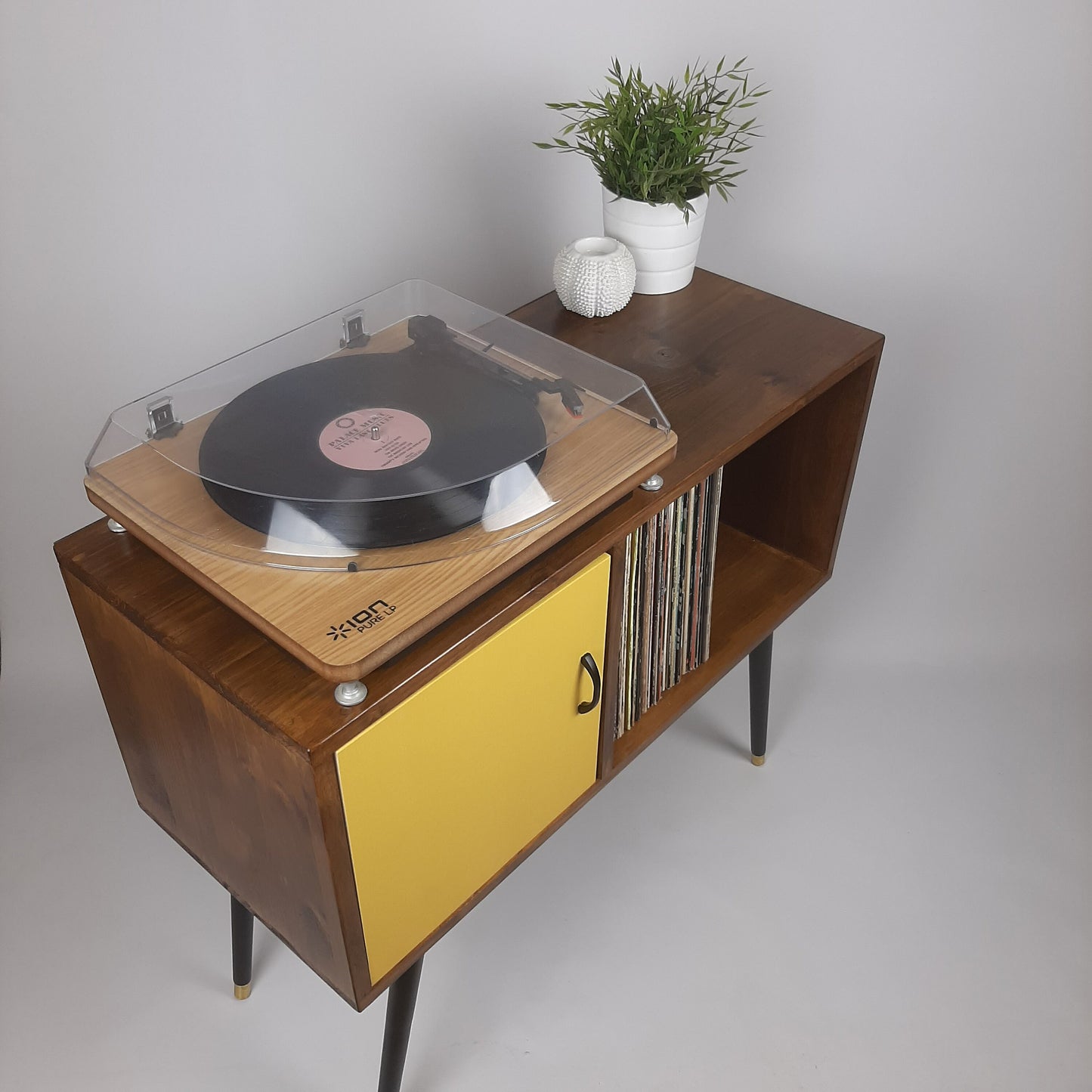 Walnut Sideboard | Mustard Yellow Door | Satin Black Handle and Dansette Legs | Record Table | TV Stand