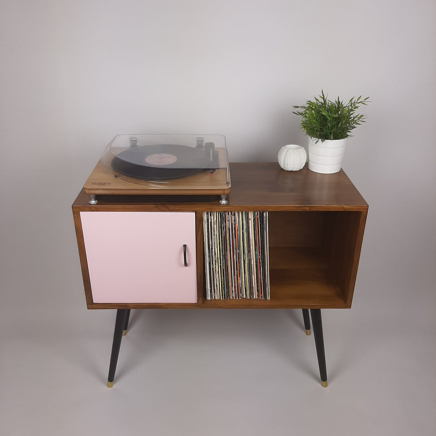 Walnut Sideboard | Pastel Pink Door | Satin Black Handle and Dansette Legs | Record Table | TV Stand