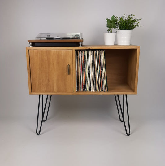 Oak Sideboard with Brass Handle | Black Haipin Legs Table | Media Console | Mid Century Modern Vinyl Storage | Mid Century Sideboard