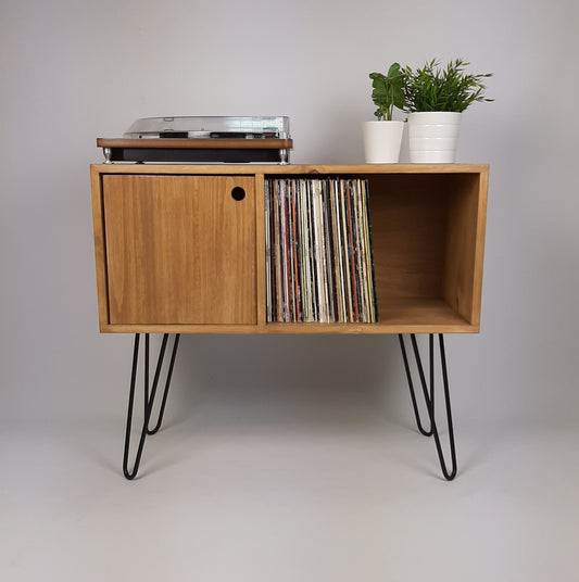 Oak Sideboard Black Haipin Legs Table | Medium Sideboard | Media Console | Mid Century Modern Vinyl Storage | Mid Century Sideboard