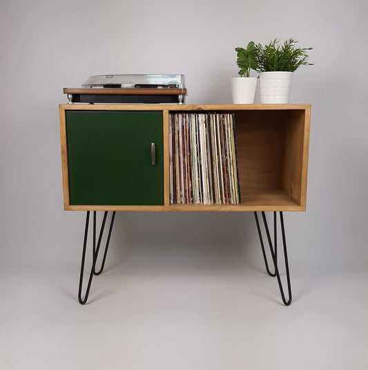 Oak Sideboard | Original Vintage Handles | Green Door | Media Console | Vinyl Record Storage | Record Cabinet | Media Unit