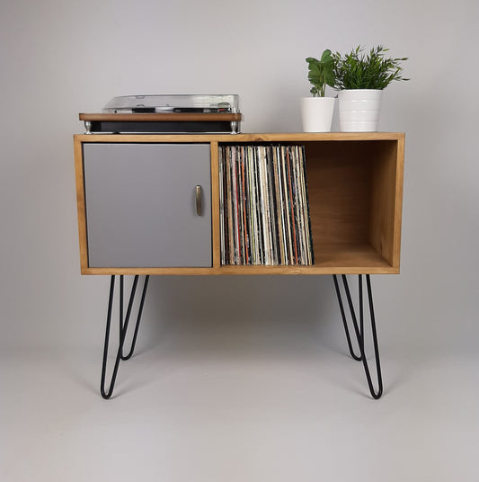 Oak Sideboard with Grey Door & Black Hairpin Legs | Medium Sideboard | Vinyl Storage | Mid Century Modern | Buffet