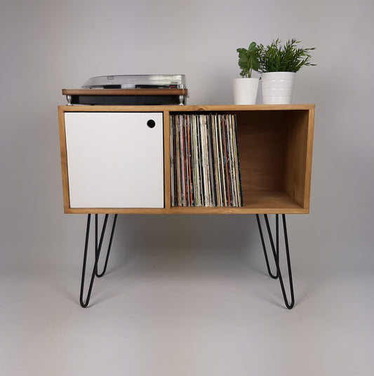 Oak Sideboard White Door And Black Hairpin Legs | Classic Vinyl Storage Table | Mid Century Modern | Sideboard | Console Table