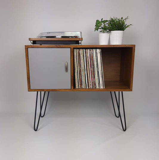Walnut Sideboard w/ Hairpin Legs | Pearl Grey Door | Vinyl Record Storage | Record Table | Scandinavian Design | Side Table