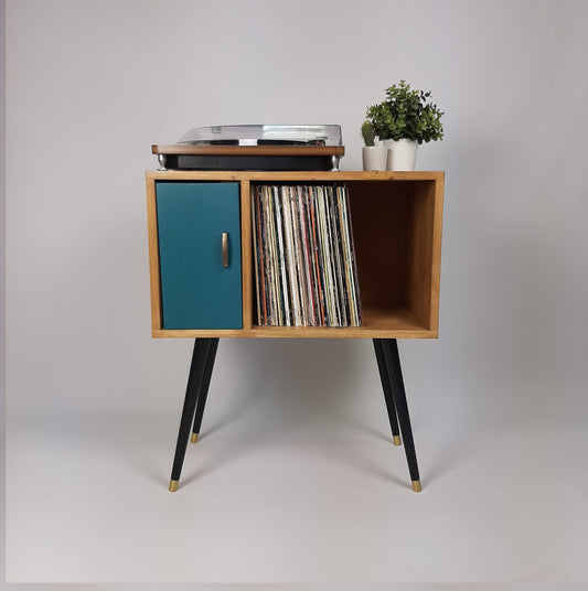 Oak Sideboard with Royal Blue Door | Vinyl Record Storage | Console Table | Record Cabinet | Mid Century Modern Legs | Dansette Record Table