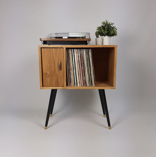 Oak Sideboard with Brass Handle Black 1950s Legs | Small Solid Wood Sideboard | Record Storage Console | Classic Style | Modernist Furniture