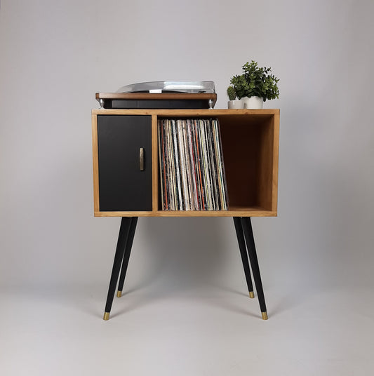 Oak Sideboard with Black Door | Vinyl Record Storage | Console Table | Record Cabinet | Mid Century Modern Legs | Dansette Record Table