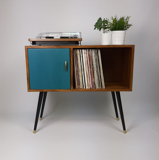 Walnut Sideboard | Vinyl Record Storage | Blue Door & Brass Vintage Handle | Solid Wood Sideboard