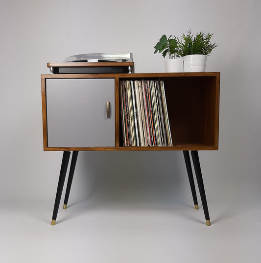 Walnut Sideboard with Grey Door, Brass Tipped Black Legs | Vinyl Record Storage | Mid Century Modern Table | Media Console