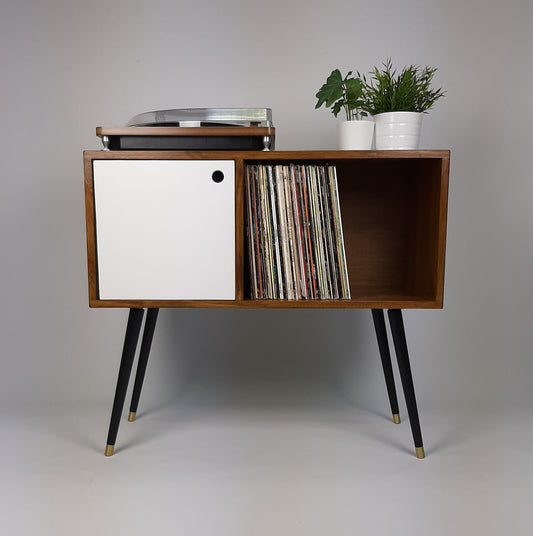 Walnut Sideboard with White Door, Brass Tipped Black Legs | Vinyl Record Storage | Mid Century Modern Table | Media Console