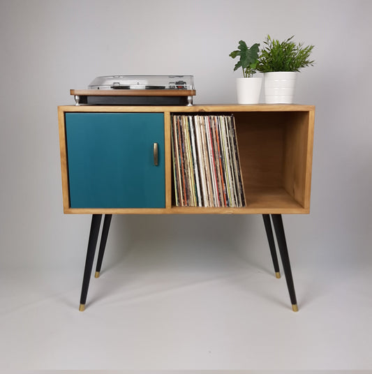 Oak Console Table | Blue Door and Original Vintage Brass Handle | Vinyl Record Storage | Credenza