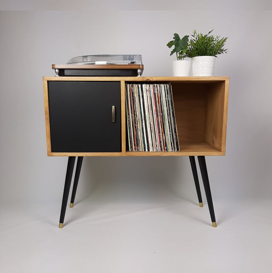 Oak Sideboard | Black Legs & Black Door with Vintage Brass Handle | Vinyl Record Storage