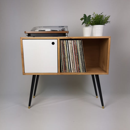 Oak Sideboard | White Door & Black Legs | Vinyl Record Storage | Mid Century Modern Table