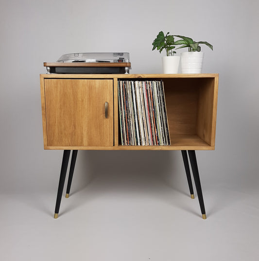 Oak Sideboard | Solid Wood Sideboard | Vinyl Record Storage | Mid Century Modern | Medium Cabinet | With Brass