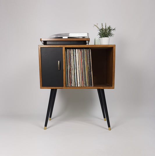Compact Walnut Sideboard with Black Door | Minimalist Media Console | Vinyl Record Storage | TV Stand | Solid Wood Sideboard