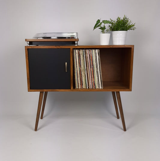 Record Table Walnut w/ Black Door and Wooden Legs | Medium Sideboard | Media Console | Vinyl Cabinet | Solid Wood Vinyl Record Table