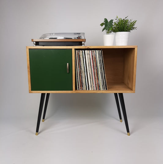 Oak Console Table | Green Door and Original Vintage Brass Handle | Vinyl Record Storage | Credenza