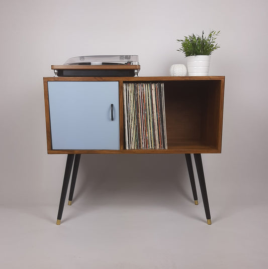 Walnut Sideboard | Pastel Marine Blue Door | Satin Black Handle and Dansette Legs | Record Table | TV Stand