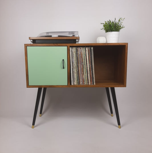 Walnut Sideboard | Pastel Green Door | Satin Black Handle and Dansette Legs | Record Table | TV Stand