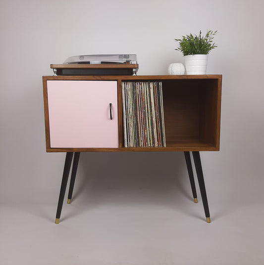 Walnut Sideboard | Pastel Pink Door | Satin Black Handle and Dansette Legs | Record Table | TV Stand