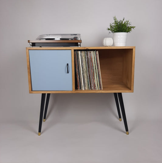 Oak Console Table with Pastel Marine Blue Door and Satin Black Handle | Vinyl Record Storage | Credenza | 100 % Sustainable | Pink