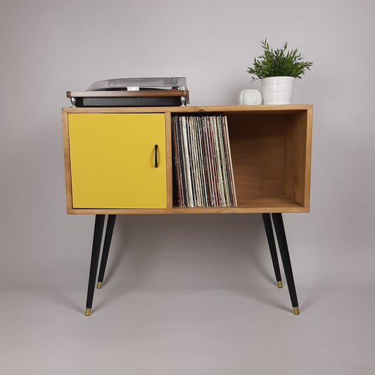 Oak Console Table with Mustard Yellow Door and Satin Black Handle | Vinyl Record Storage | Credenza | 100 % Sustainable | Pink