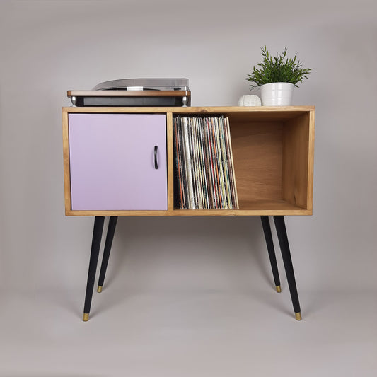 Oak Console Table with Lilac Door and Satin Black Handle | Vinyl Record Storage | Credenza | 100 % Sustainable | Purple